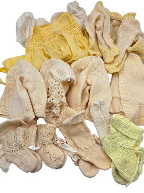 Vintage Baby Doll Clothes Knit Yellow Dress Sweater Booties Hat Read